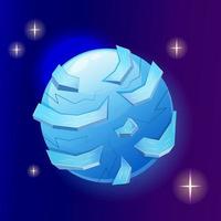 Fantasy planet ice cartoon with ice blocks. Blue magic snow round planet. Cartoon vector illustration. Ui design.