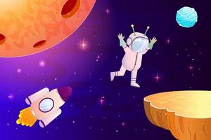 Galaxy landscape with planet mars and alien in space. Flying astronaut and cosmic rocket. Ufo in a spacesuit. Vector illustration in cartoon style. Background for space game interface