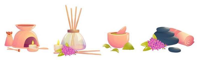 Aromatherapy clipart with lilac flower, aromatic sticks, candles and hot stones. Items for relaxation and body care. Refreshing scent of lilac, mint for health. Cartoon vector illustration