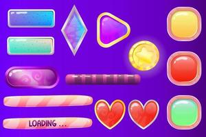 Space button set for web design 2d and game. Vector illustration element space kit. Button, Loading bar, heart, coin and crystal in the game set. Mobile play assets. Cartoon comic style