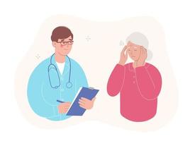 Elderly patient at a doctor's appointment. Elderly woman has a headache. Medical care and consultations
