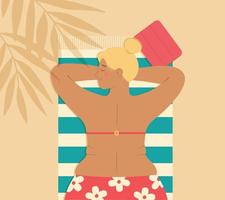 Plump woman in swimsuit lying on beach sunbathing. Girl relaxing at seaside resort vector