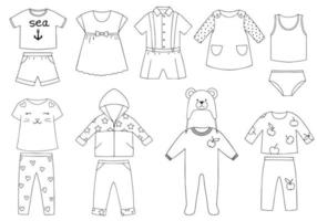 Collection of children's clothing. Vector linear image on a white background