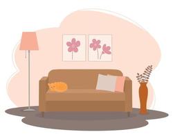 Interior of the living room with a sofa, a floor vase and a floor lamp vector