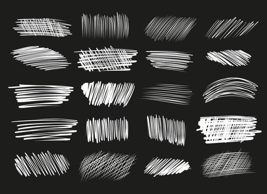 Set of white pencil strokes on black background. 20 hand-drawn design elements