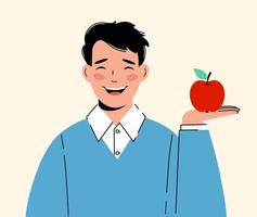 concepto de elegir una dieta saludable. joven sostiene una gran manzana roja en sus manos vector