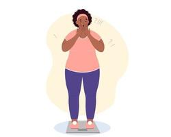 una mujer afroamericana con sobrepeso se para en la balanza, sorprendida por el aumento de peso. se molestó porque estaba subiendo de peso vector