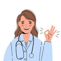 una doctora sonriente hace un gesto de que todo está en orden. ok-gesto vector