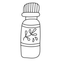 Bottle or vial with drops or herbal plant oil. Doodle sketch hand drawn vector illustration on white background. Isolated outline.