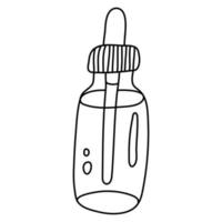 Bottle or vial of oil with pipette. Doodle sketch hand drawn vector illustration on white background. Isolated outline.