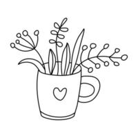 Nice leaves and herbs in a cute mug decorated with a heart. Hand drawn vector illustration in doodle style on white background. Isolated outline. Herbal tea theme.