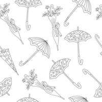 Vector seamless pattern with open and closed umbrellas on white background. Great for fabrics, wrapping papers, wallpapers, covers. Doodle style illustration in black ink.