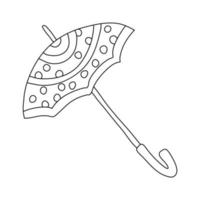 Open umbrella decorated with polka dots in doodle style. Isolated outline. Hand drawn vector illustration in black ink on white background. Great for  coloring books.