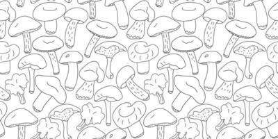 Seamless pattern with forest edible mushrooms on white background. Great for fabrics, wrapping papers, wallpapers, covers. Doodle sketch style illustration in black ink.