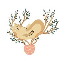 Sleeping cat on a ficus tree houseplant in a flower pot. Flat style. Vector hand drawn illustration isolated on white background. Funny pet.