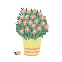 Lush bush with pink flowers. Garden plant in a flower pot. Vector hand drawn illustration on white background. Flat style.