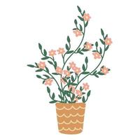 Blooming plant in a flower pot. Pink flowers. Vector hand drawn illustration isolated on white background.