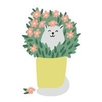 Cat with a houseplant. Lush bush with pink flowers. Garden plant in a flower pot. Vector hand drawn illustration on white background. Flat style. Funny pet.