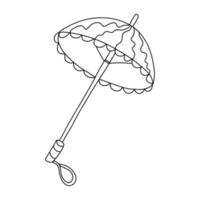 Open vintage umbrella in doodle style. Isolated outline. Hand drawn vector illustration in black ink on white background. Great for  coloring books.