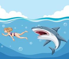 A woman escaping from aggressive shark in the water