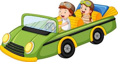 Children in green vintage convertible car vector