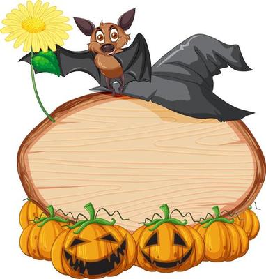 Blank oval wooden signboard with bat in halloween theme