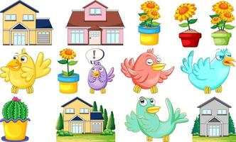 Different house designs and cute birds vector