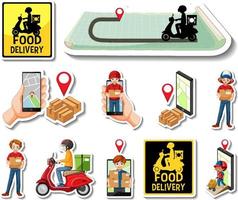 Sticker set of delivery objects and cartoon characters vector