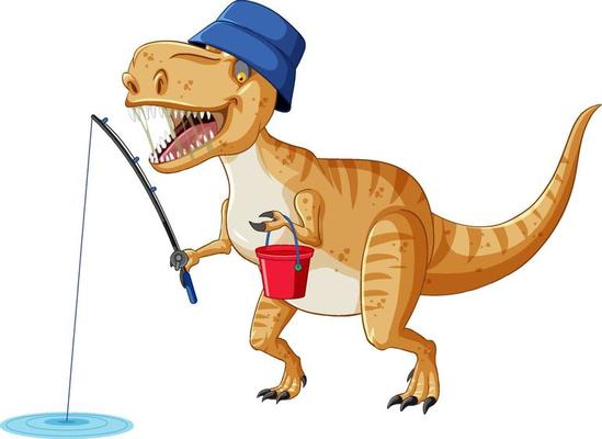 Tyrannosaurus rex dinosaur fishing in cartoon style