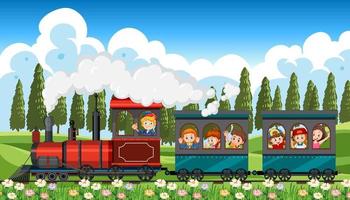 Scene with children riding train in the field vector