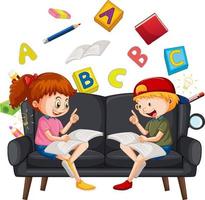 Children reading books on white background vector