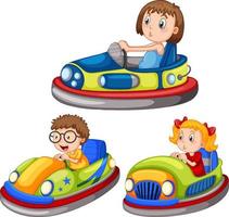 Set of different kids driving bumper cars in cartoon style vector