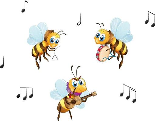 Three bees music band in cartoon style