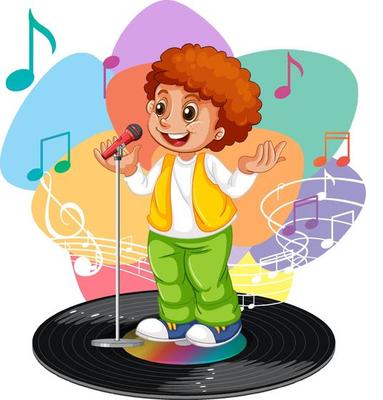 Singer boy cartoon character with melody symbols