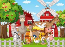 Farm scene with many animals in the barn