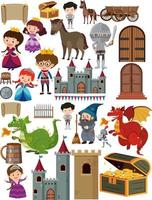 Medieval characters buildings set vector