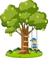 Boy playing swing under the tree vector