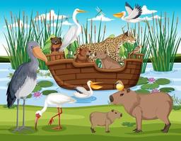 escena del bosque con animales salvajes vector