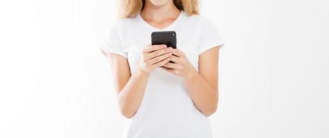 girl holding cell phone, woman with smartphone. Advertising concept. Copy space. Mock up. Blank. photo