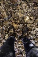 Feet on autumn leaves photo
