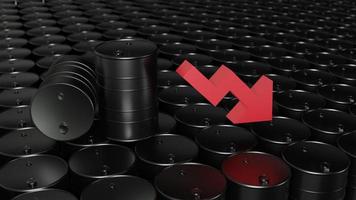 pila de bidones de aceite con flecha hacia abajo, lo que significa que el precio del petróleo está cayendo, ilustración de representación 3d foto