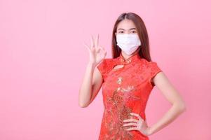 Beautiful young Chinese women use face masks to protect against dust pollution and infection from airborne viruses photo