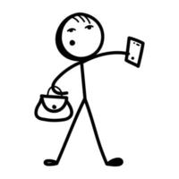 Stick figure with reports, hand drawn icon of data manager vector