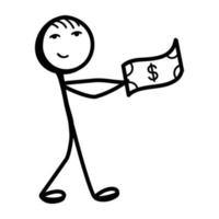 Stick figure with dollar, hand drawn icon of finance manager vector