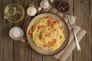 Carbonara pasta. Spaghetti with bacon, egg, parmesan cheese. Traditional italian cuisine