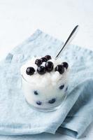 Vegan Coconut Rice Pudding with blueberry, gluten free dessert, side view, vertical. Scandinavian photo