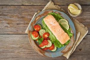 Steam salmon and vegetables, Paleo, keto, fodmap diet. Copy space, top view photo
