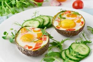 egg baked in avocado, toast, breakfast, closeup photo