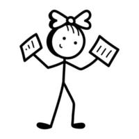 Stick figure with reports, hand drawn icon of data manager vector