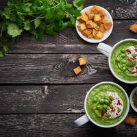 Broccoli cream soup, banner, copy space, top view. Vegetable green puree photo
